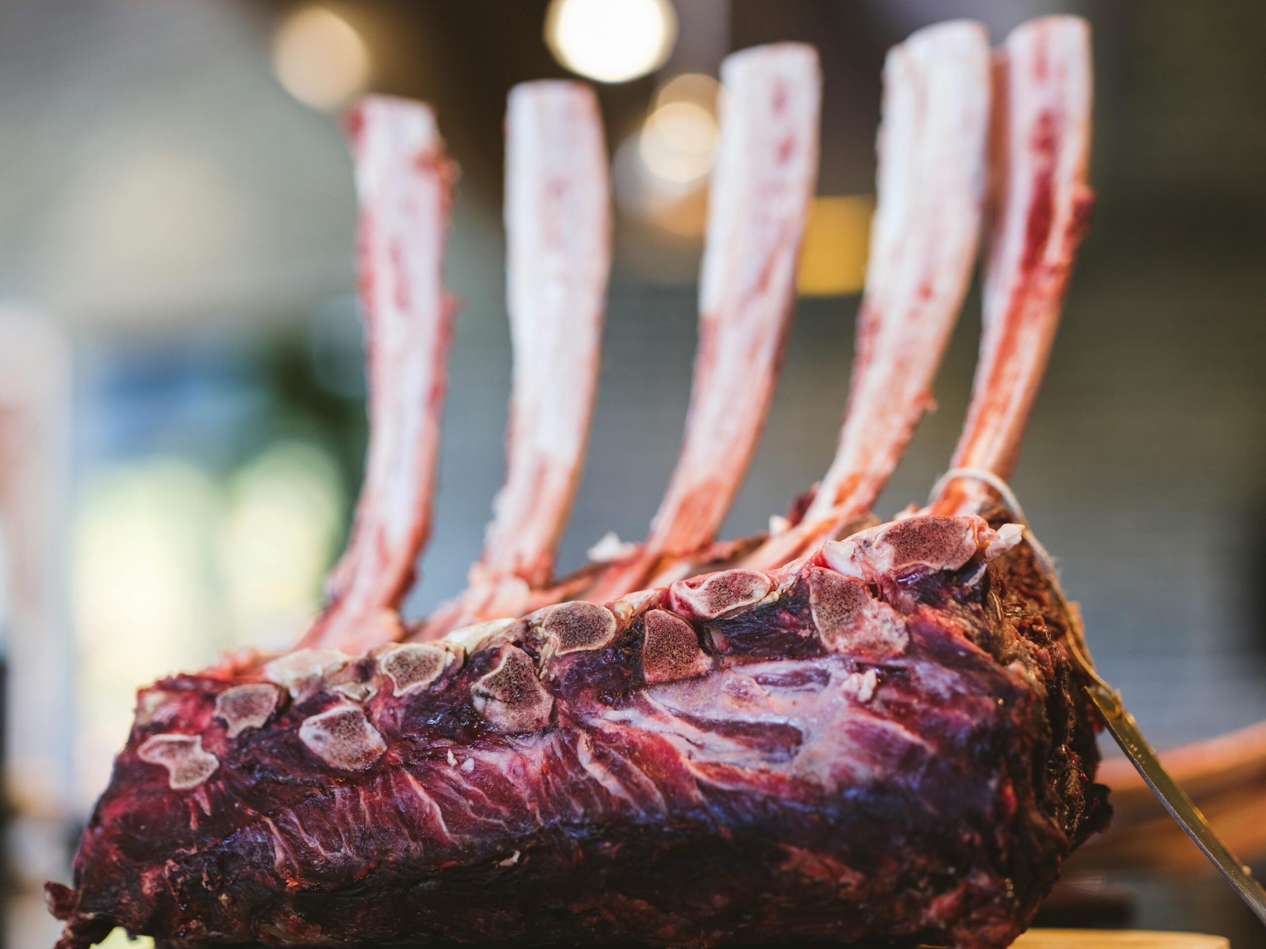 Close-up view of a raw rack of lamb ribs ready for cooking in a gourmet restaurant.